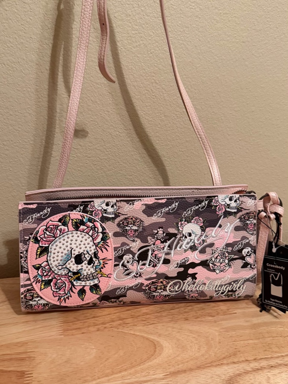 Ed Hardy Pink and Black Skull Rose Crossbody Bag
